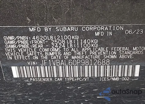 2023 Subaru Wrx Limited z USA, uszkodzony, nr VIN JF1VBAL60P9812688